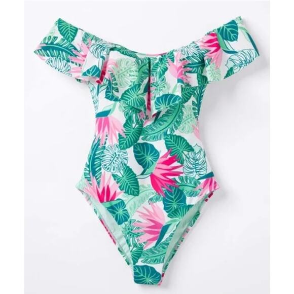 Matilda Jane Palm Tree Paradise Green/Pink Ruffle One Piece Swimsuit Size M - Picture 2 of 13